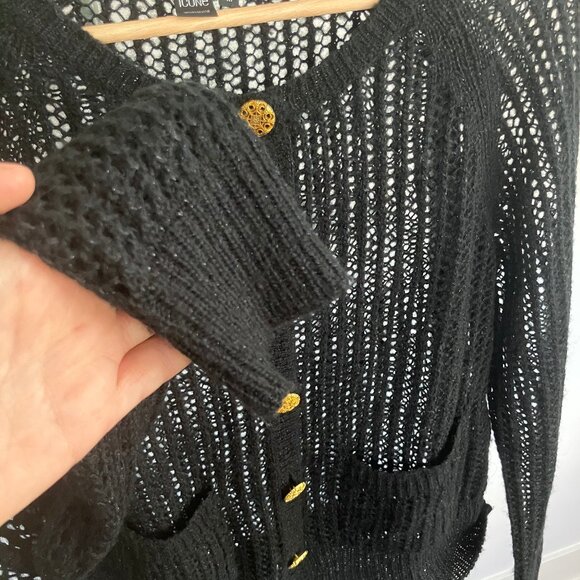 Black crochet cropped cardigan with shimmer detail and bold gold buttons - Picture 8 of 8